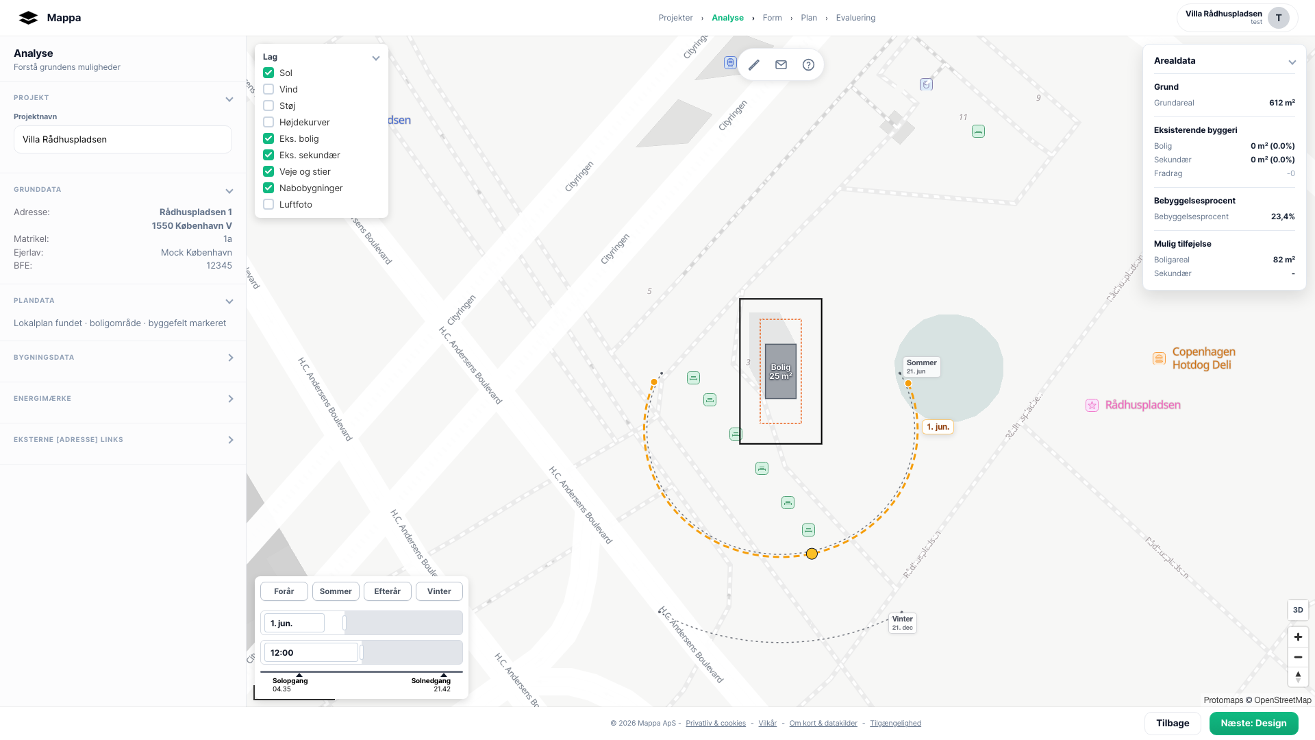 Mappa — grundanalyse med sol, byggefelt og datalag på en adresse